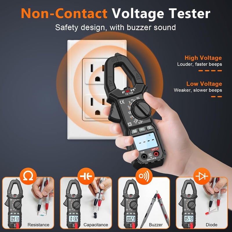 FKM Clamp Meter,TRMS 6000 Counts Digital Clamp Multimeter Voltage Tester,Auto-ranging Amp Volt Meter,for AC/DC Voltage,AC Current,NCV,Capacitance,Resistance,Continuity,Hz/Duty Cycle,Diode,Temp Test - Image 3